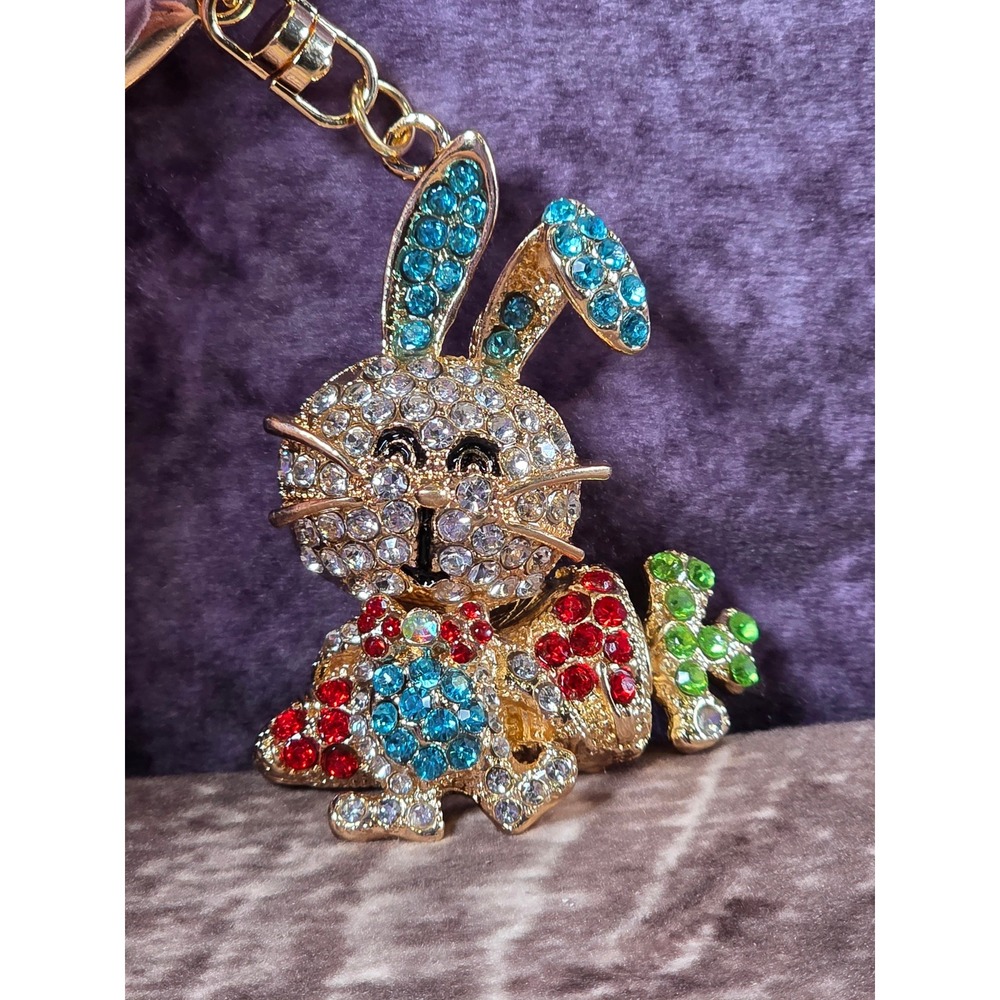 Sparkling Rhinestone Bunny Rabbit Keychain Gold Tone Carrots Blue Red Green Gems